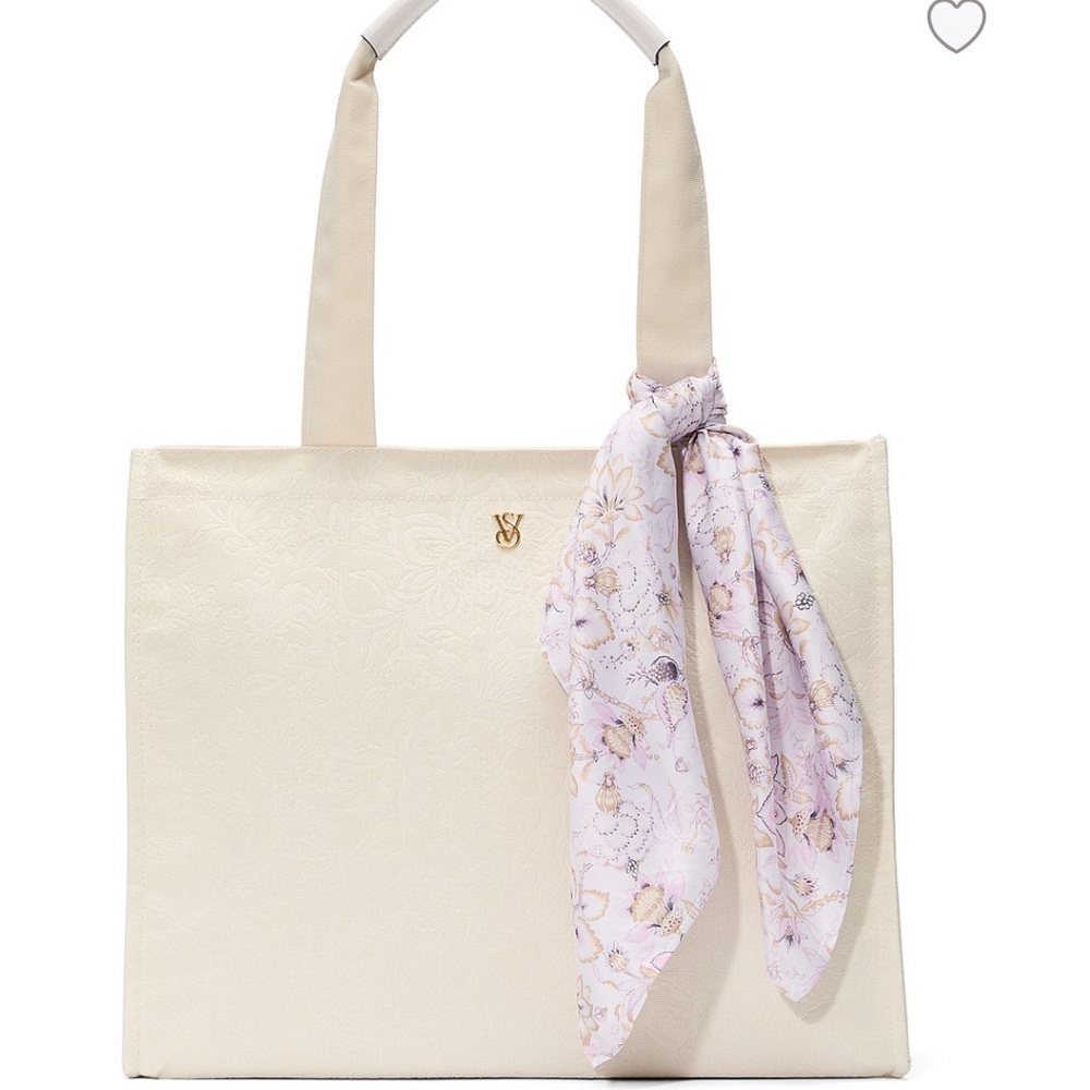 Victoria's Secret Cream and Pink Tote Bag with Floral Accent